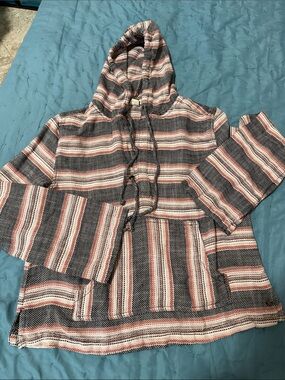 Roxy Striped Hooded Pullover in Black, White & Rust